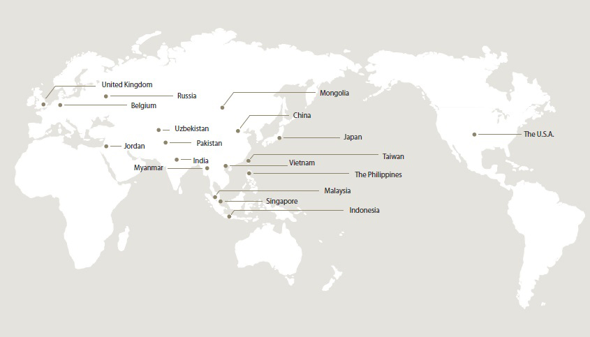 Lotte Group, the world is entering an area to display image. The Region are United Kingdom, Russia, Belgium, Jordan, Uzbekistan, Pakistan, India, Myanmar, Mongolia, China, Japan, Vietnam, Malaysia, Singapore, Indonesia, The Phillippines, The U.S.A.