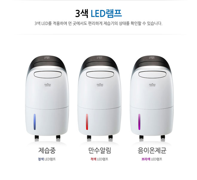 3색 LED램프를 적용하여 먼 곳에서도 편리하게 제습기의 상태를 확인할 수 있습니다.