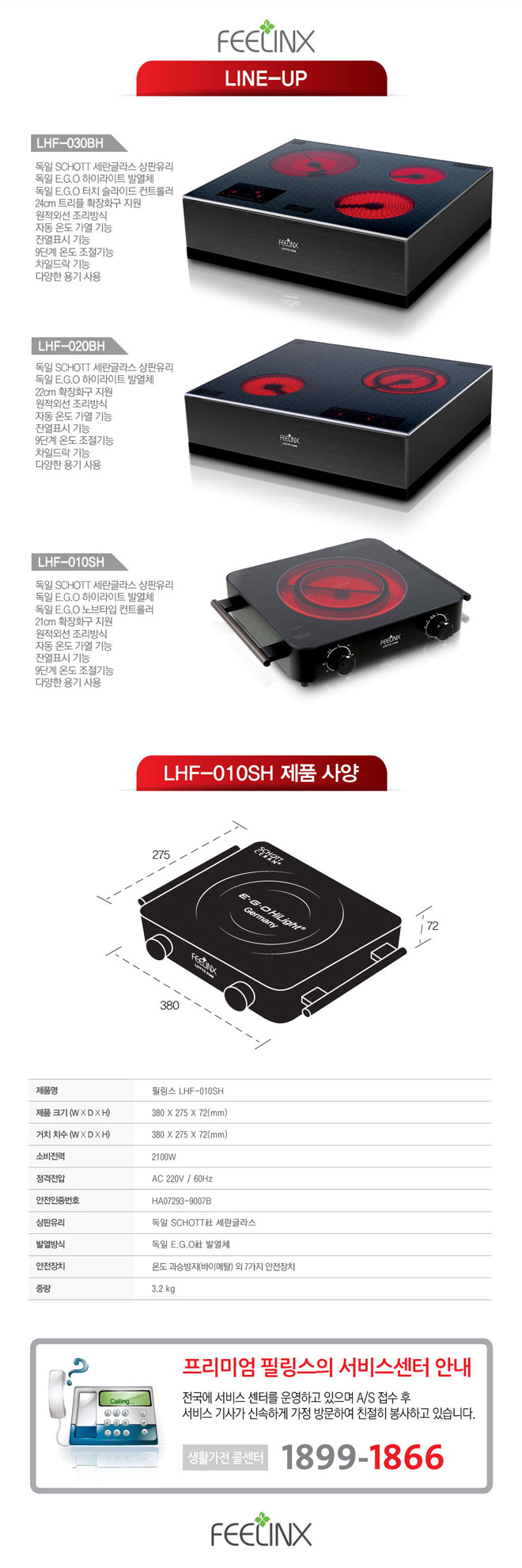 제품명 : 필링스 LHF-010SH, 제품크기 : 380 x 275 x 72(mm), 거치치수 : 380 x 275 x 72(mm), 소비전력 : 2100W, 정격전압 : AC 220V / 60Hz 안전인증번호 : HA07293-9007B, 상판유리 : 독일 쇼트사 세란글라스, 발열방식 독일 EGO사 발열체, 안전장치 : 온도 과승방지(바이메탈) 외 7가지 안전장치 중량 : 3.2kg
프리미엄 필링스의 서비스센터 안내
전국에 서비스 센터를 운영하고 있으며 A/S접수 후 서비스 기사가 신속하게 가정 방문하여 친절히 봉사하고 있습니다. 생활가전 콜센타 : 1899-1866