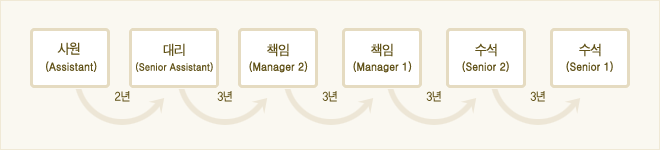 사원(assistant)2년, 대리(senior assistant)3년, 책임(Manager2)3년, 
							책임(manager1)3년, 수석(senior 2)3년, 수석(senior 1)